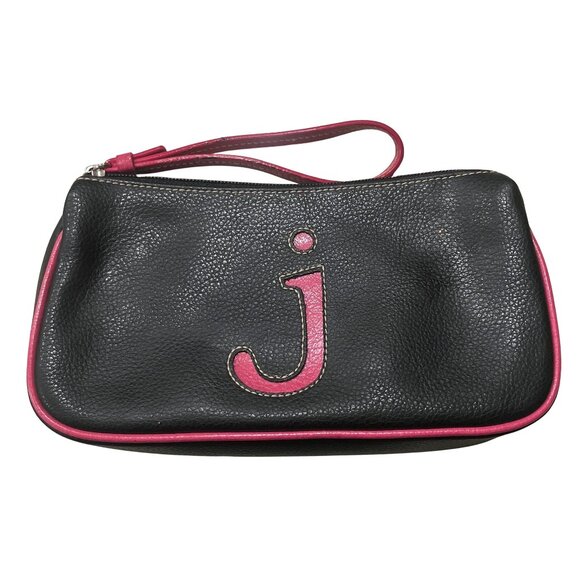 Vintage Y2K Black Pink Monogram J Faux Leather Wristlet Initial Makeup Bag - Picture 1 of 14
